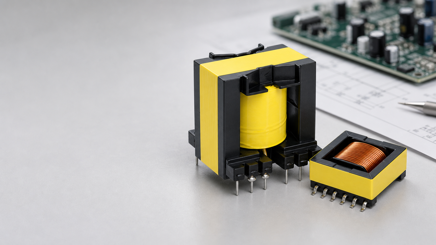 Ferrite transformer core, copper windings, and power electronics hardware on an engineering workbench