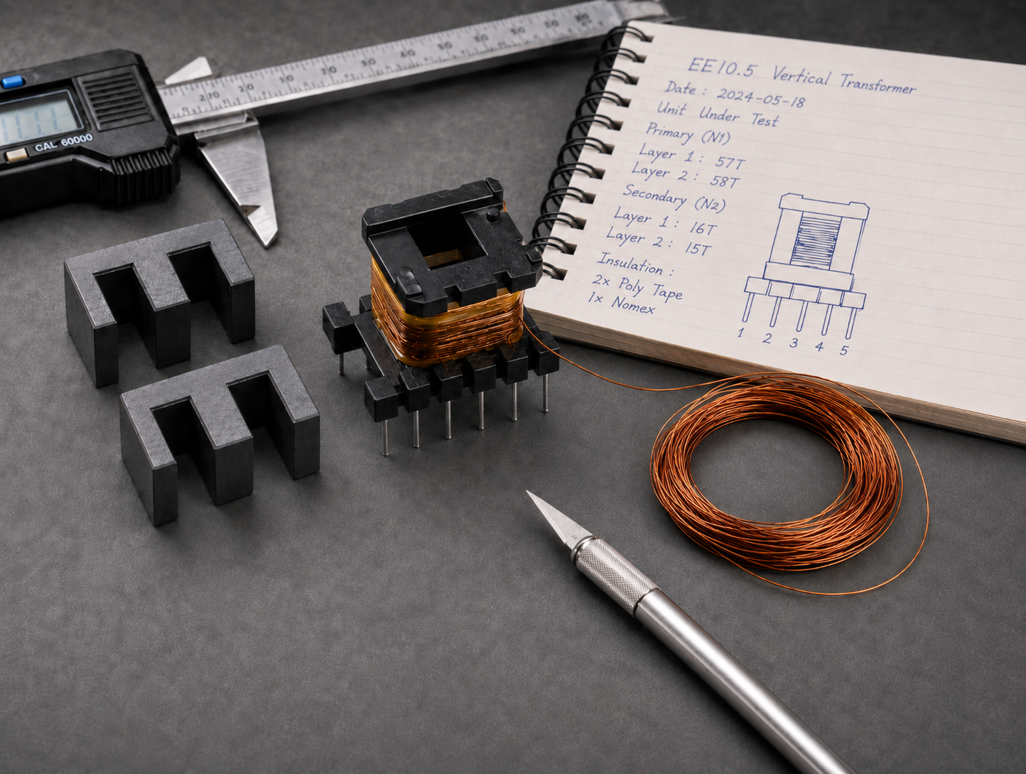 Transformer reverse-engineering workbench with removed EE core halves, exposed winding, calipers, notes, and tools